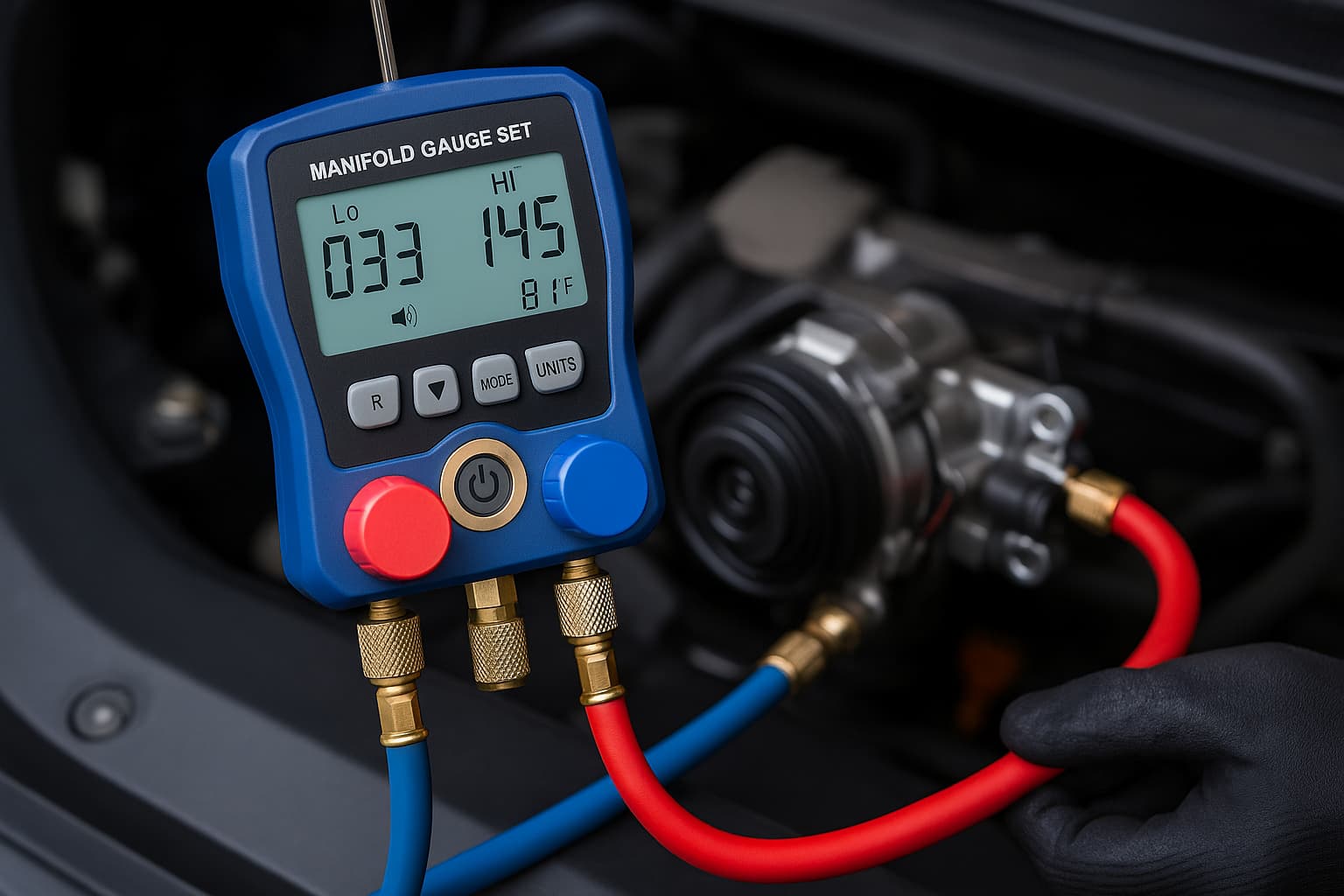 AC manifold gauge set connected during compressor diagnosis