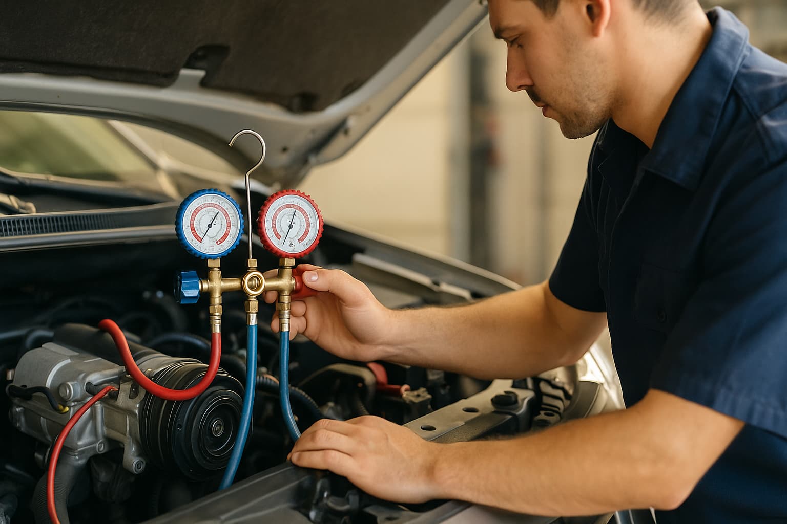 Technician inspecting a vehicle AC compressor with gauges connected