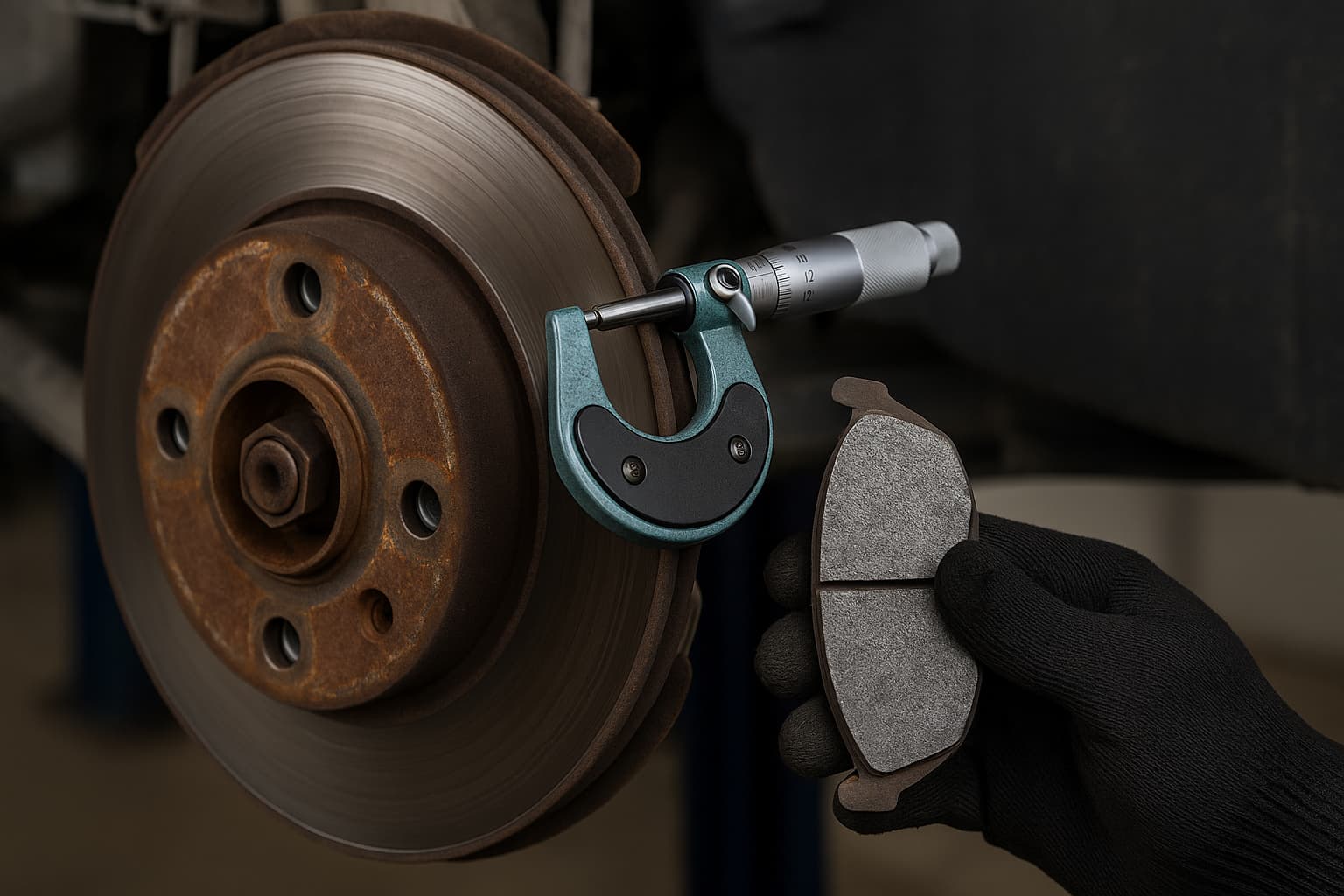 Mechanic measuring brake disc thickness and pad wear