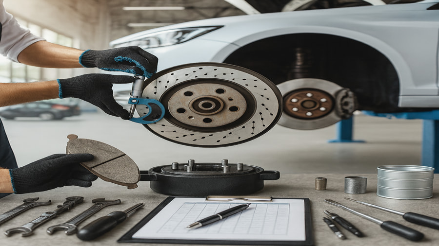 Measuring brake disc thickness with a micrometer and inspecting pads