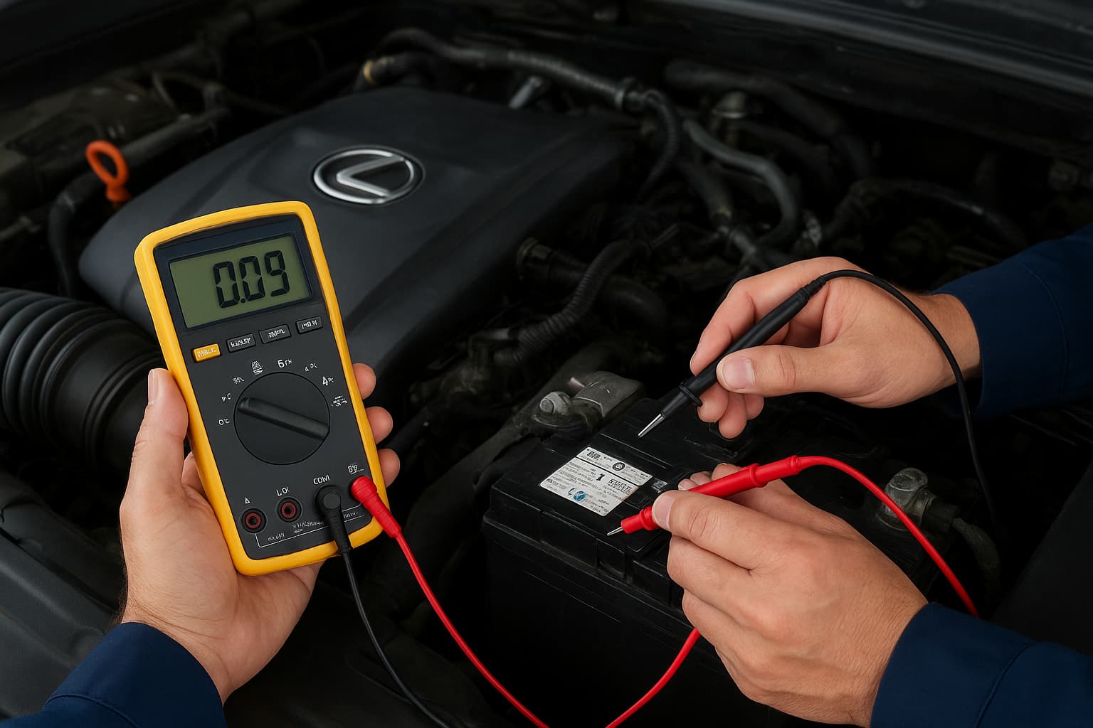 Technician testing Lexus battery drain with a digital multimeter